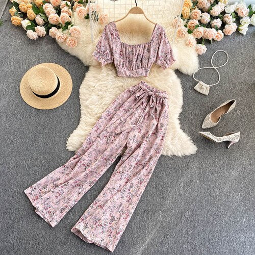 Summer Women Idyllic Style Suit Holiday Style Chiffon Printing Sweet Two Piece Set Short Shirt High Waist Wide Leg Pants