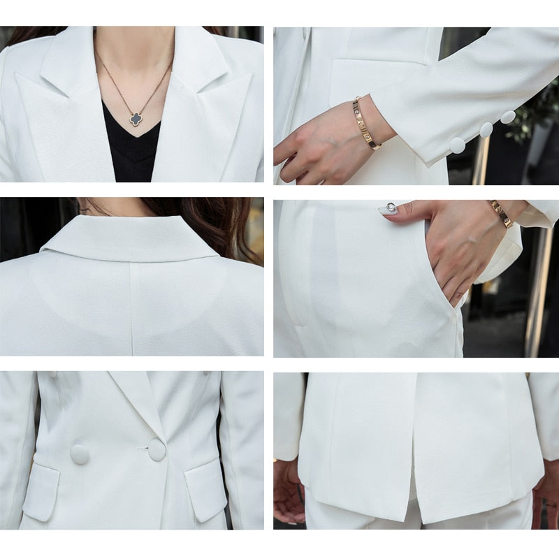 Classic Double Breasted White Women Pant Suits Notched Collar Blazer Jacket & Straight Pants Office Ladies Female Sets