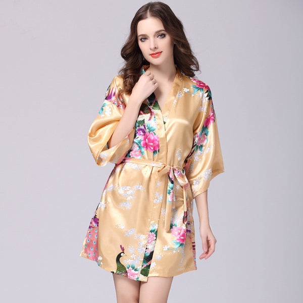 Women Faux Silk Robe Satin Wedding Bride Robe Large Size Sexy Floral Bathrobe Short Nightwear Women Pajamas Kimono