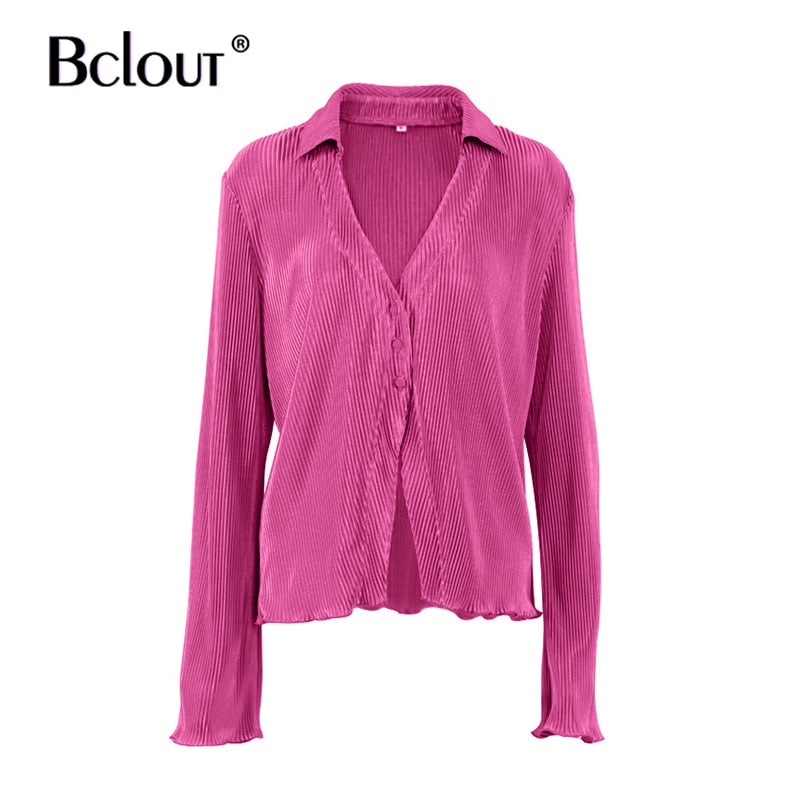 Bclout Green Vintage Flare Sleeve Blouse Shirt Spring Casual Single Breasted Women Top Autumn Oversize Turn Down Collar Shirts