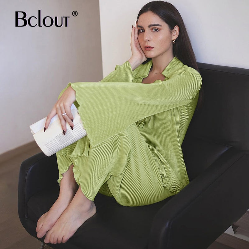 Bclout Green Vintage Flare Sleeve Blouse Shirt Spring Casual Single Breasted Women Top Autumn Oversize Turn Down Collar Shirts