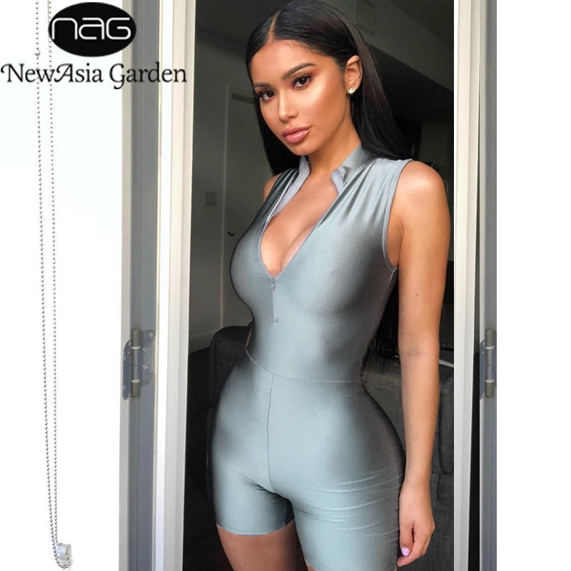 NewAsia Sexy Jumpsuit Summer Elastic Slim Fit Glossy Satin Playsuit Women Fashion Casual Front Zipper Biker Rompers Streetwear