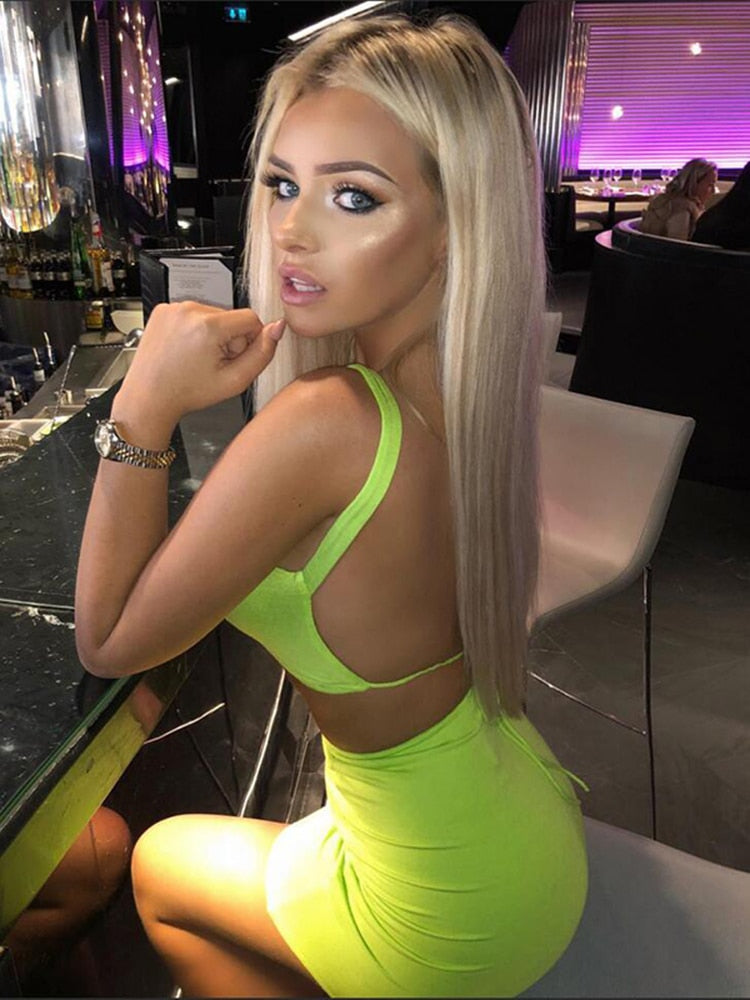 Neon Green Two Piece Set Sexy Backless Lace Up 2 Piece Set Women Summer Mini Skirt Set Two Piece Outfits 2 Layers