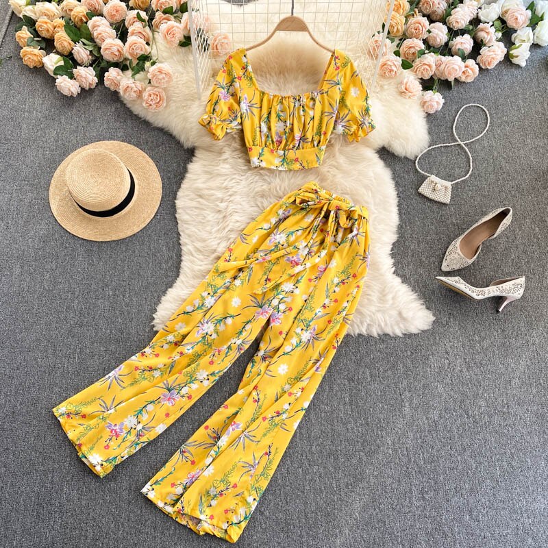 Summer Women Idyllic Style Suit Holiday Style Chiffon Printing Sweet Two Piece Set Short Shirt High Waist Wide Leg Pants