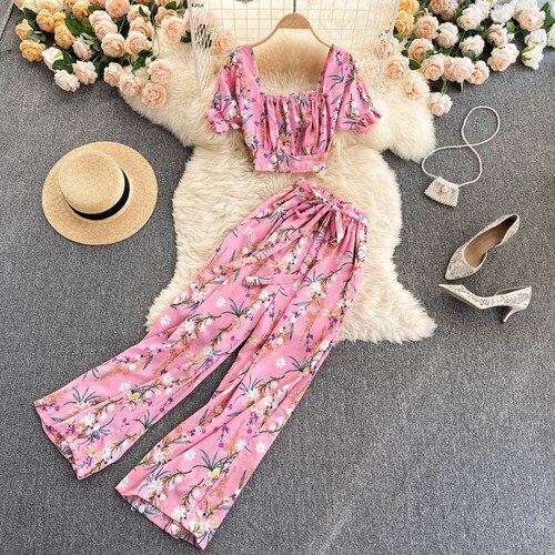 Summer Women Idyllic Style Suit Holiday Style Chiffon Printing Sweet Two Piece Set Short Shirt High Waist Wide Leg Pants