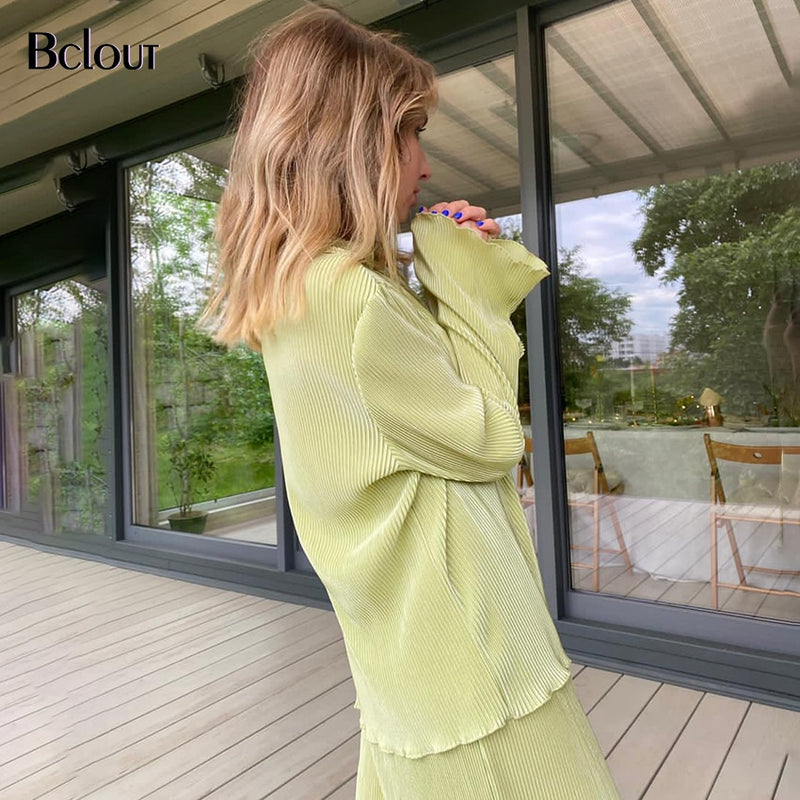 Bclout Green Vintage Flare Sleeve Blouse Shirt Spring Casual Single Breasted Women Top Autumn Oversize Turn Down Collar Shirts