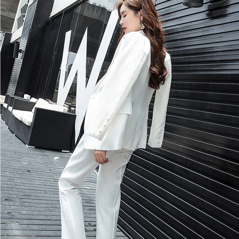 Classic Double Breasted White Women Pant Suits Notched Collar Blazer Jacket & Straight Pants Office Ladies Female Sets