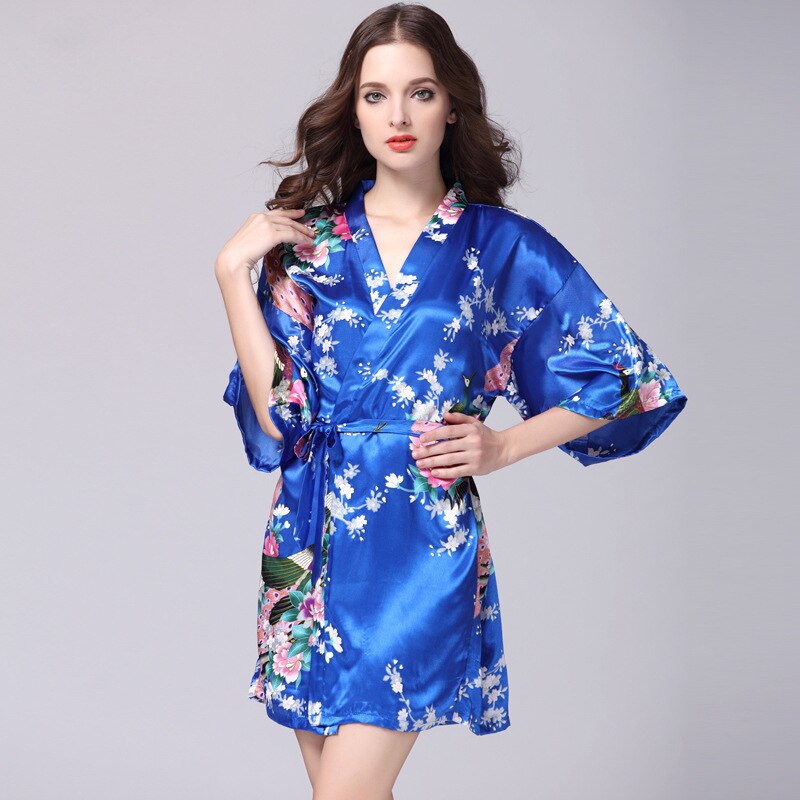 Women Faux Silk Robe Satin Wedding Bride Robe Large Size Sexy Floral Bathrobe Short Nightwear Women Pajamas Kimono