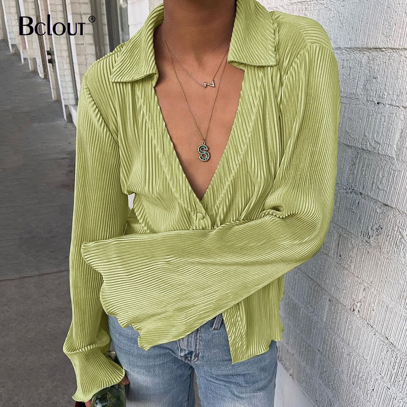 Bclout Green Vintage Flare Sleeve Blouse Shirt Spring Casual Single Breasted Women Top Autumn Oversize Turn Down Collar Shirts