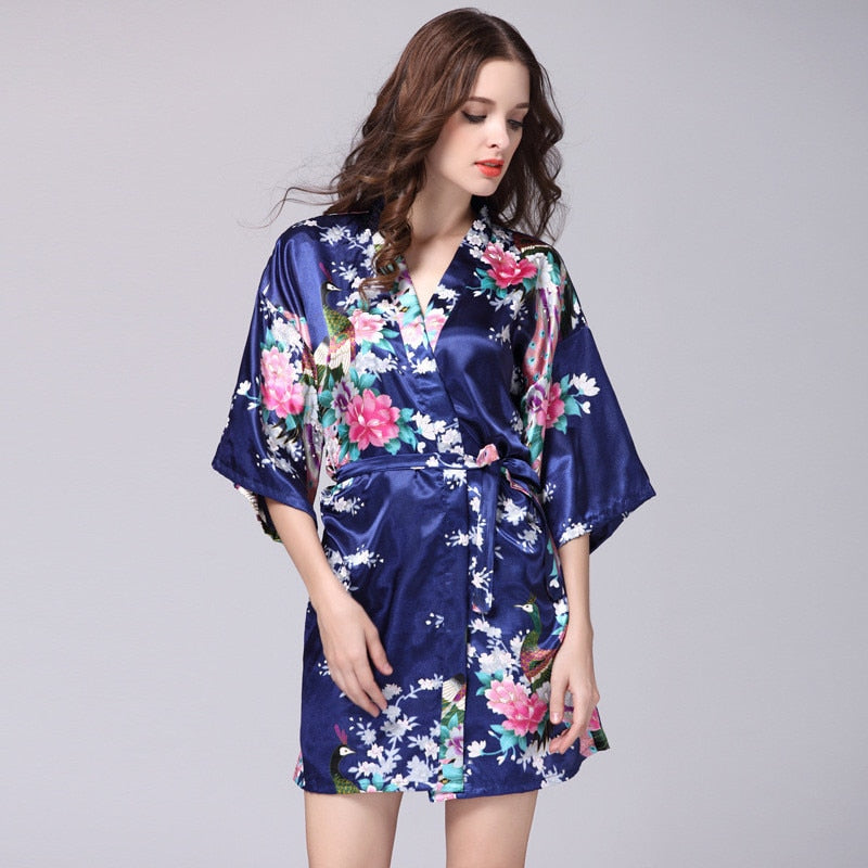 Women Faux Silk Robe Satin Wedding Bride Robe Large Size Sexy Floral Bathrobe Short Nightwear Women Pajamas Kimono