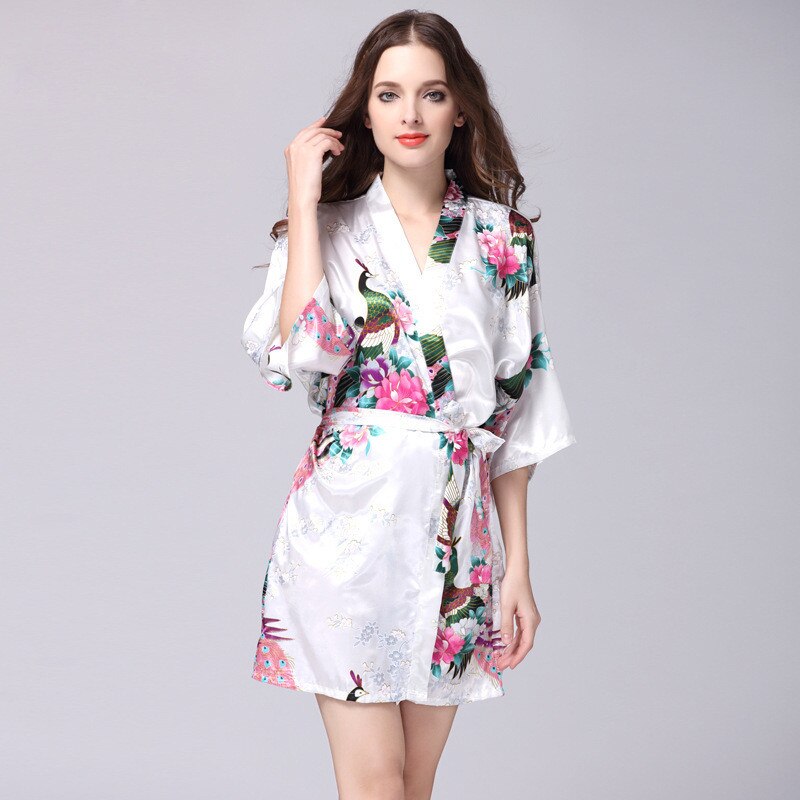 Women Faux Silk Robe Satin Wedding Bride Robe Large Size Sexy Floral Bathrobe Short Nightwear Women Pajamas Kimono