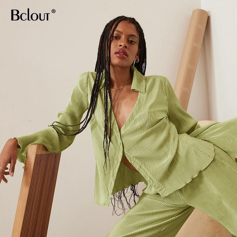 Bclout Green Vintage Flare Sleeve Blouse Shirt Spring Casual Single Breasted Women Top Autumn Oversize Turn Down Collar Shirts