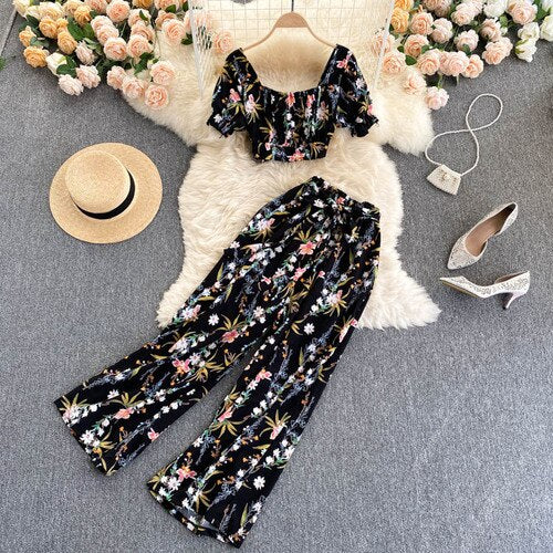 Summer Women Idyllic Style Suit Holiday Style Chiffon Printing Sweet Two Piece Set Short Shirt High Waist Wide Leg Pants