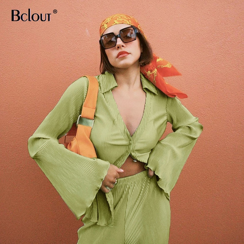 Bclout Green Vintage Flare Sleeve Blouse Shirt Spring Casual Single Breasted Women Top Autumn Oversize Turn Down Collar Shirts