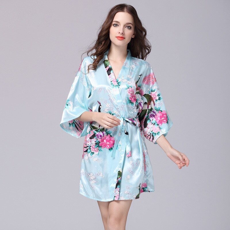 Women Faux Silk Robe Satin Wedding Bride Robe Large Size Sexy Floral Bathrobe Short Nightwear Women Pajamas Kimono