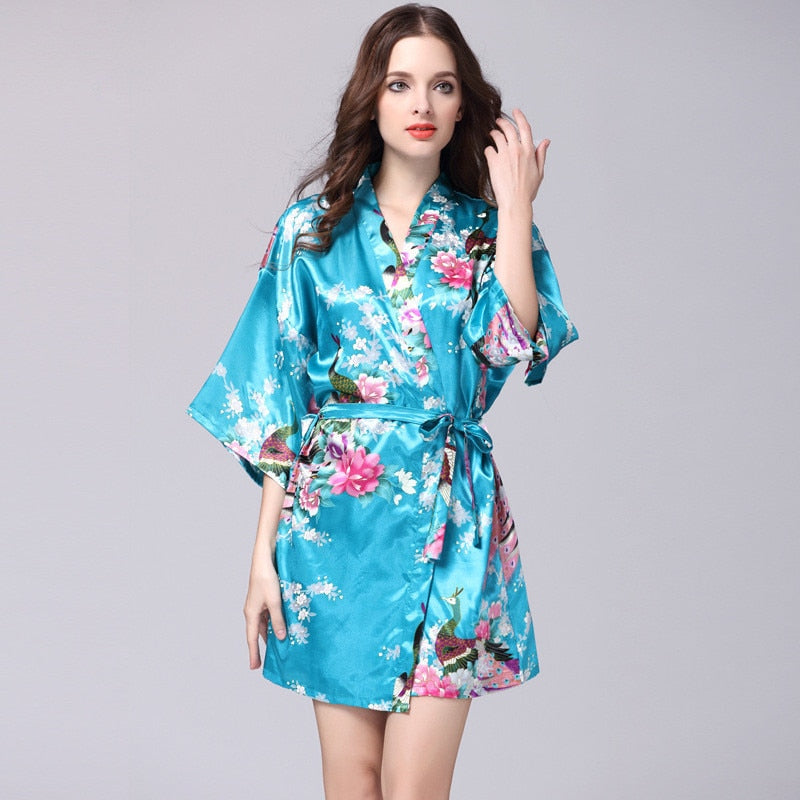 Women Faux Silk Robe Satin Wedding Bride Robe Large Size Sexy Floral Bathrobe Short Nightwear Women Pajamas Kimono