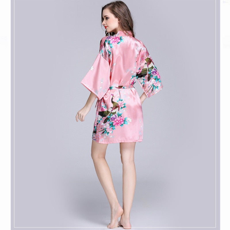 Women Faux Silk Robe Satin Wedding Bride Robe Large Size Sexy Floral Bathrobe Short Nightwear Women Pajamas Kimono