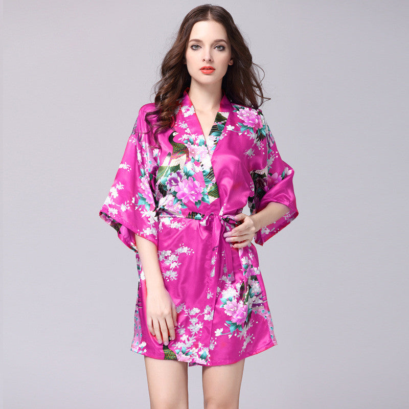 Women Faux Silk Robe Satin Wedding Bride Robe Large Size Sexy Floral Bathrobe Short Nightwear Women Pajamas Kimono