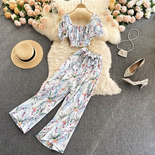 Summer Women Idyllic Style Suit Holiday Style Chiffon Printing Sweet Two Piece Set Short Shirt High Waist Wide Leg Pants