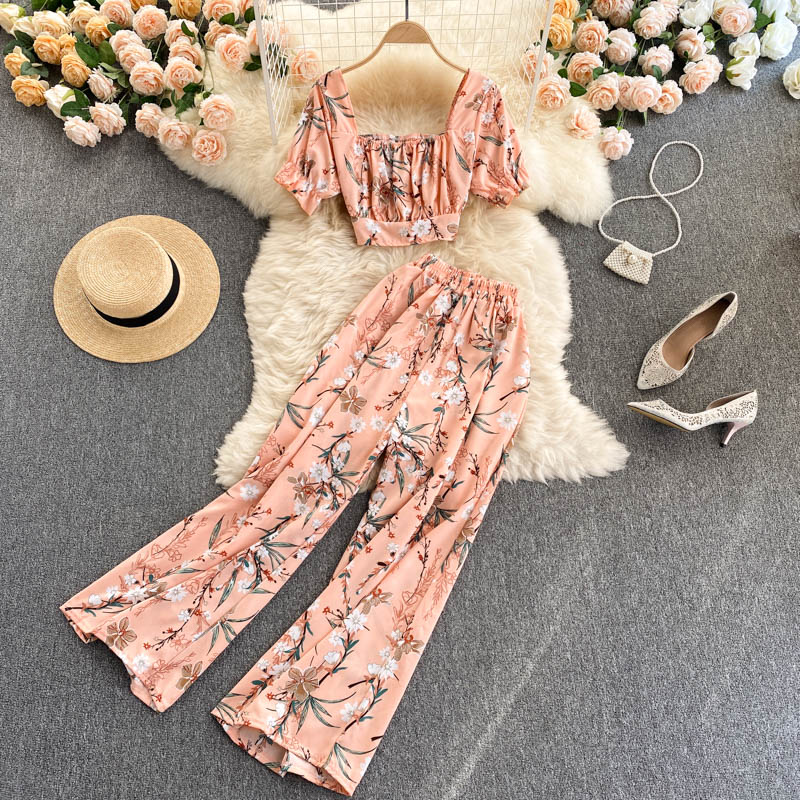 Summer Women Idyllic Style Suit Holiday Style Chiffon Printing Sweet Two Piece Set Short Shirt High Waist Wide Leg Pants