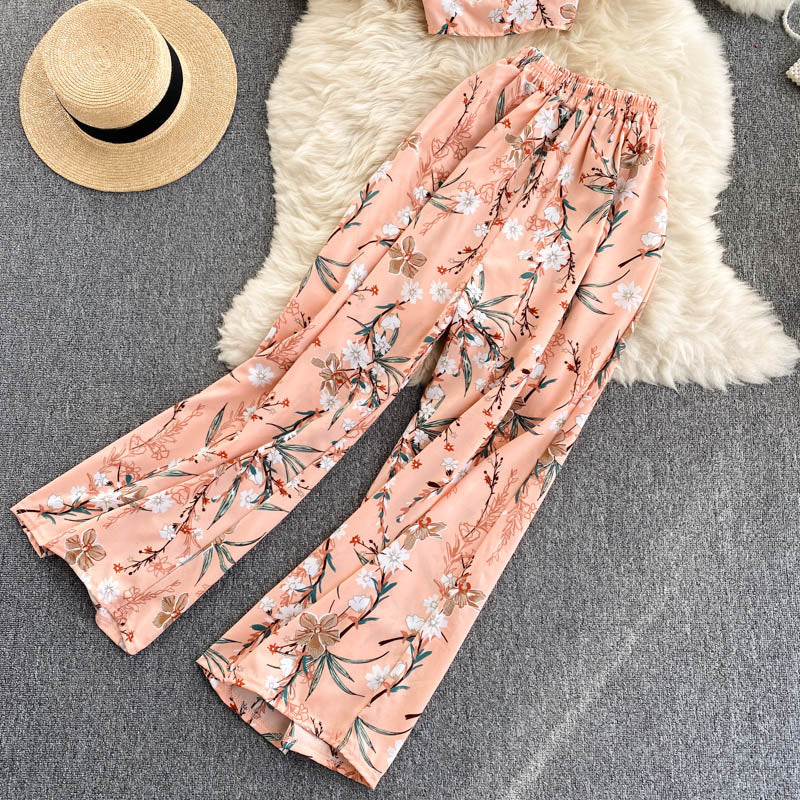 Summer Women Idyllic Style Suit Holiday Style Chiffon Printing Sweet Two Piece Set Short Shirt High Waist Wide Leg Pants