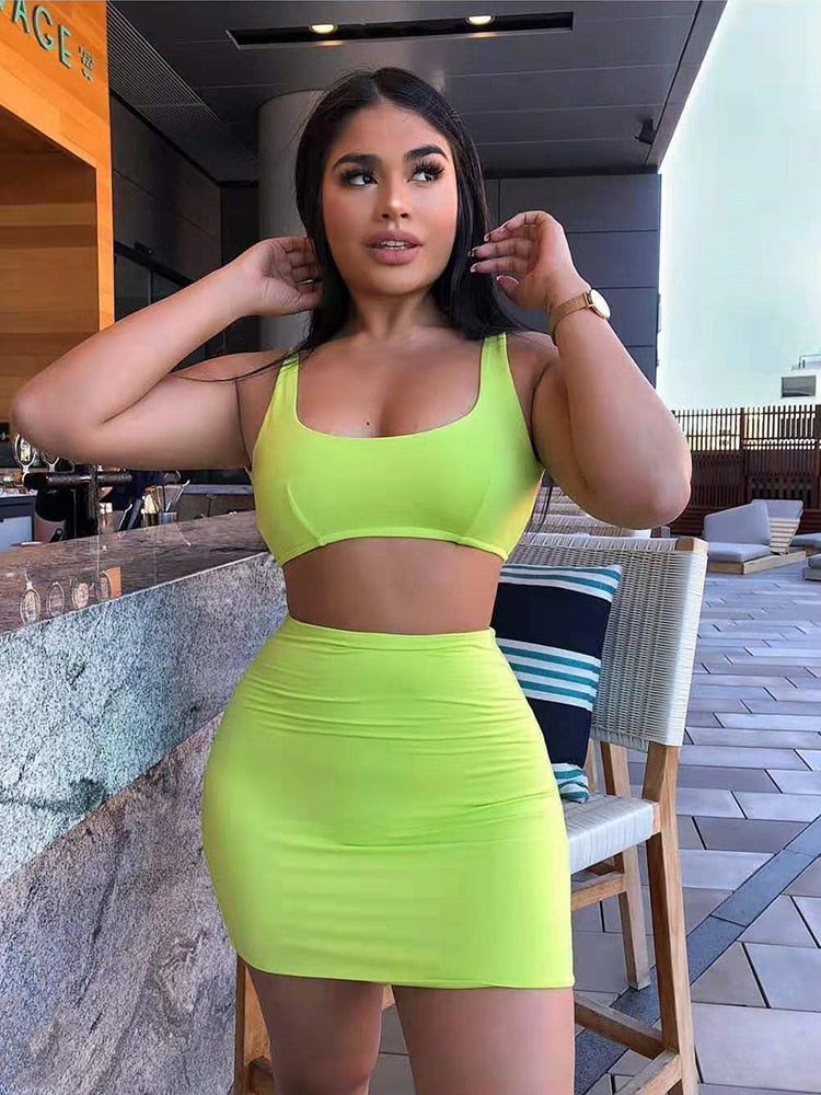 Neon Green Two Piece Set Sexy Backless Lace Up 2 Piece Set Women Summer Mini Skirt Set Two Piece Outfits 2 Layers