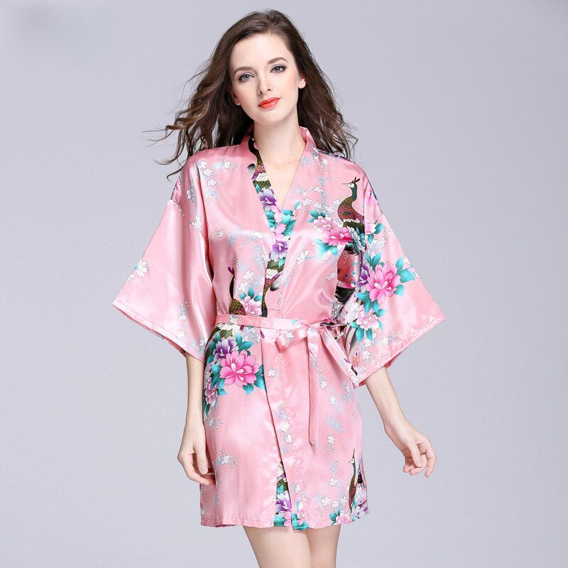 Women Faux Silk Robe Satin Wedding Bride Robe Large Size Sexy Floral Bathrobe Short Nightwear Women Pajamas Kimono